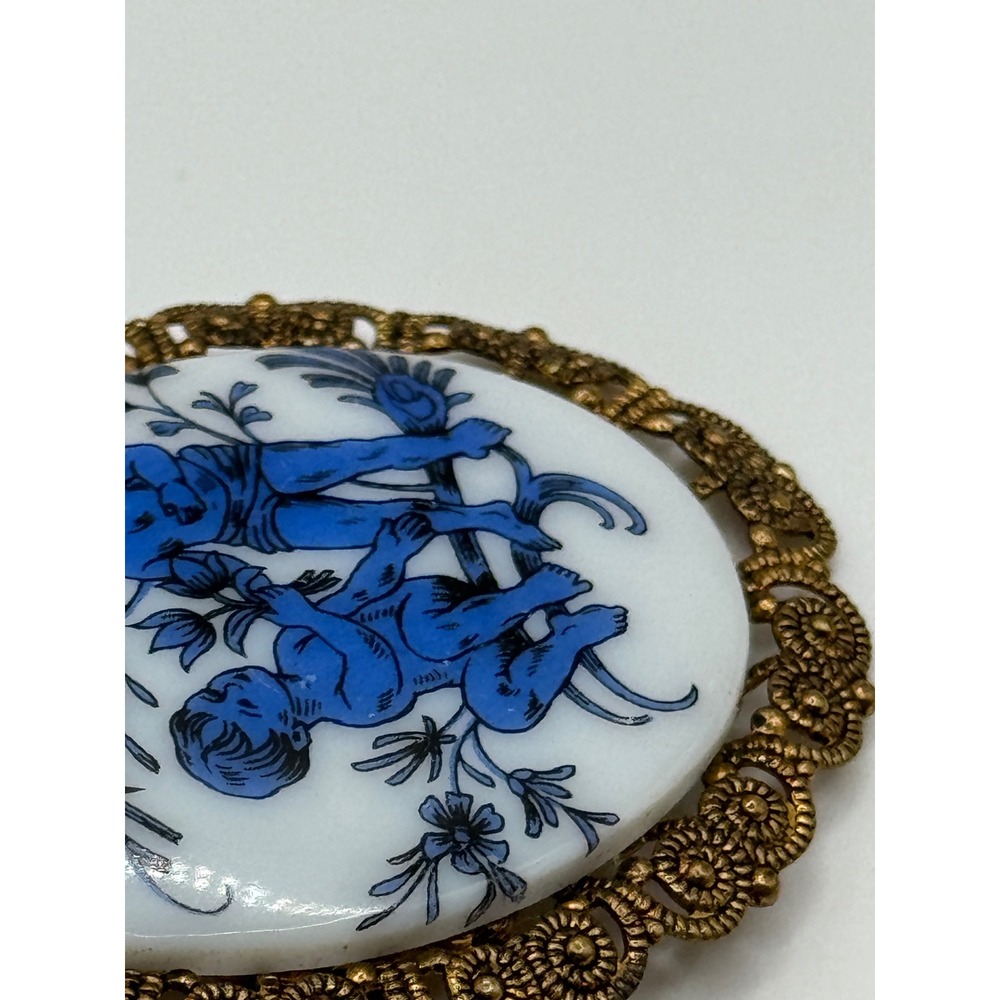 Vintage West Germany Brooch Blue and White Ceramic Cherub Pin - Picture 12 of 15